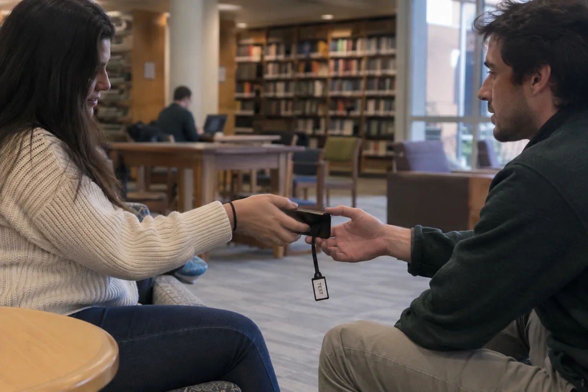 Two reviewers passing a temporary test phone in an access-transfer rehearsal