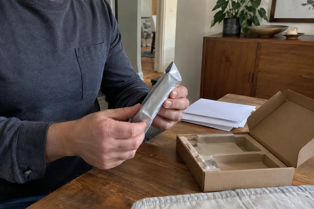 A sealed battery pouch kept separate from a product carton insert for shipping review