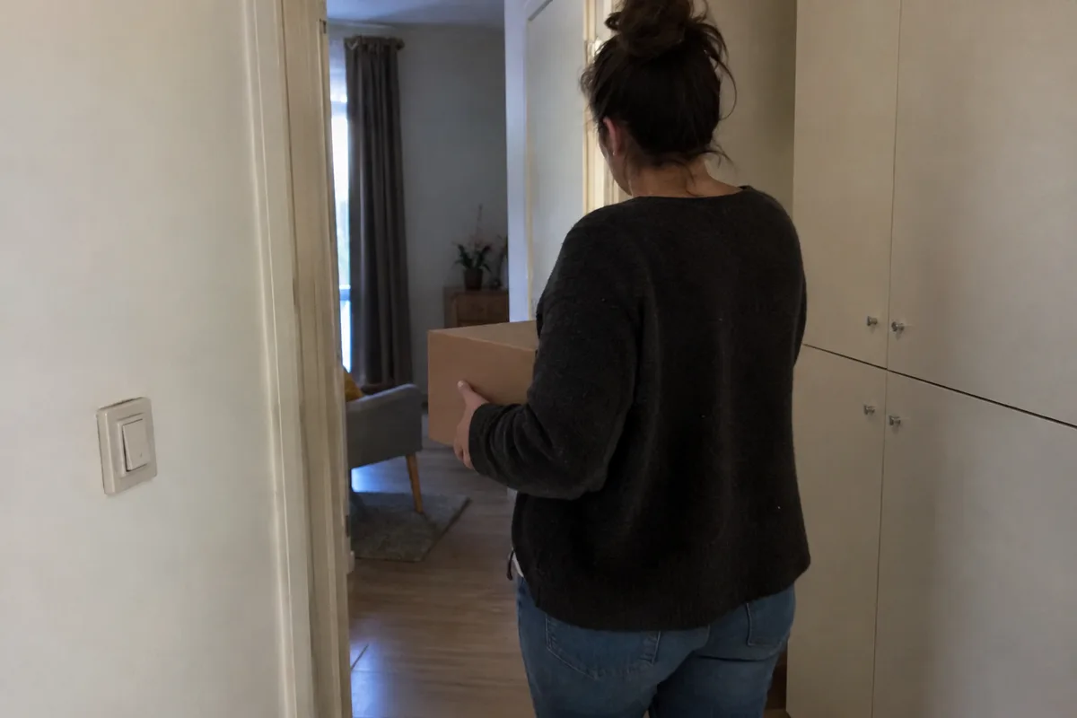 An adult carrying an unbranded sample box through an apartment storage hallway.