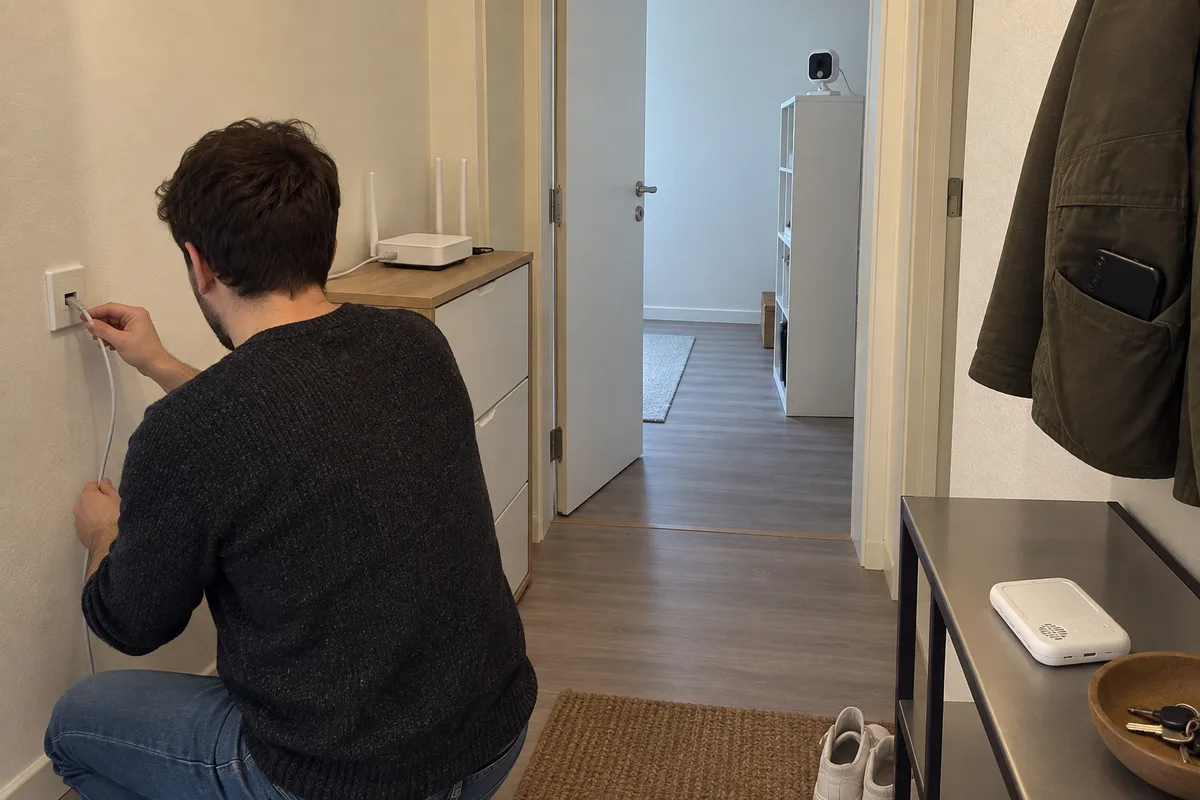 An adult tracing a household Ethernet lead while camera and parent receiver remain in separate rooms
