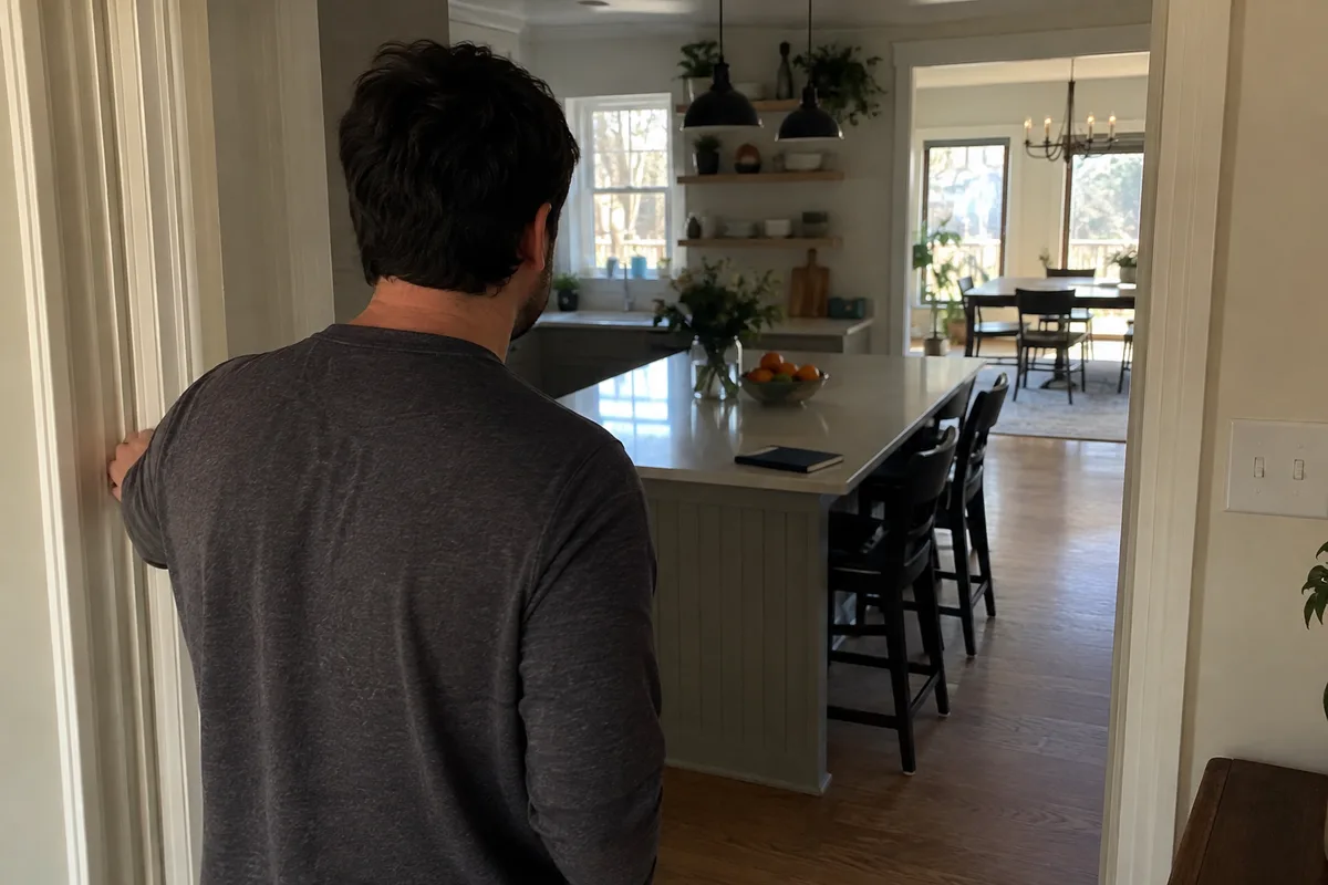 An observer returning to a kitchen doorway after restoring a router connection