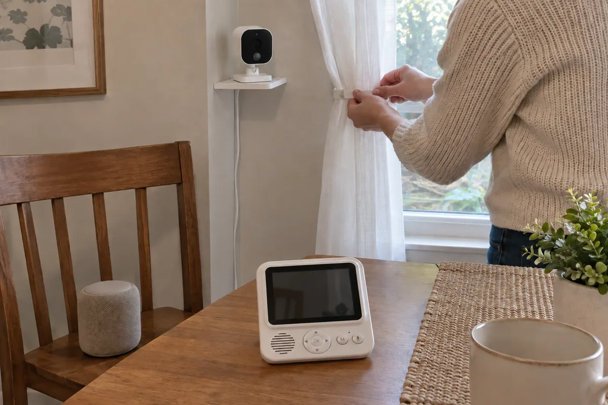 An adult fixing curtain position while camera, speaker and parent receiver remain in stable locations