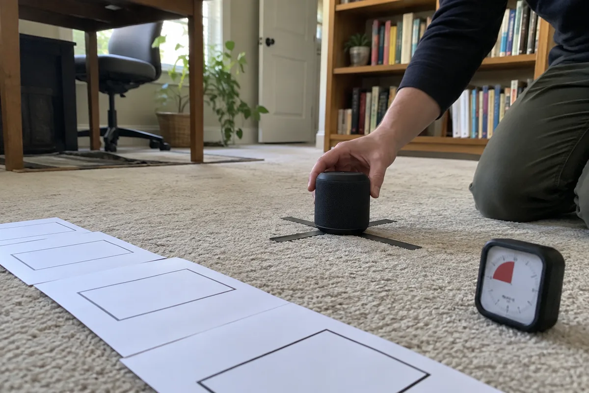 A small speaker placed at a marked position beside a repeatable sound-event schedule